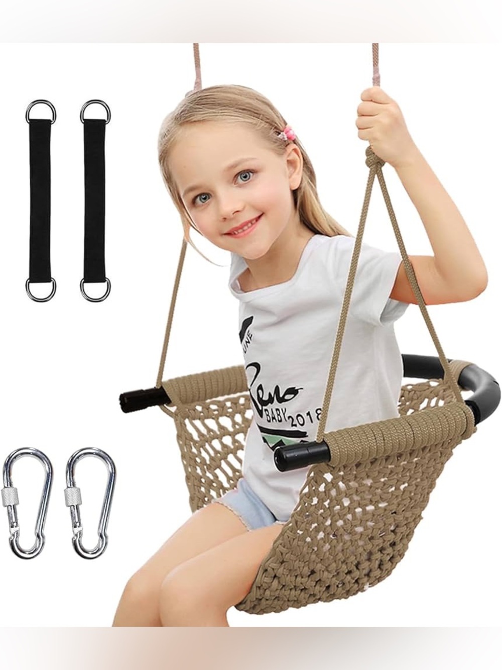 Hi-Na Tree Swing Khaki Adjustable Rope Seat 440lb Capacity Kids, New